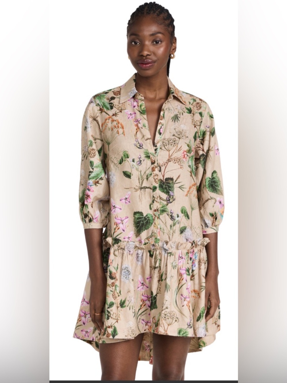 Cara Cara Beige Floral Button-Front Tunic with Green khaki Botanical Print XL